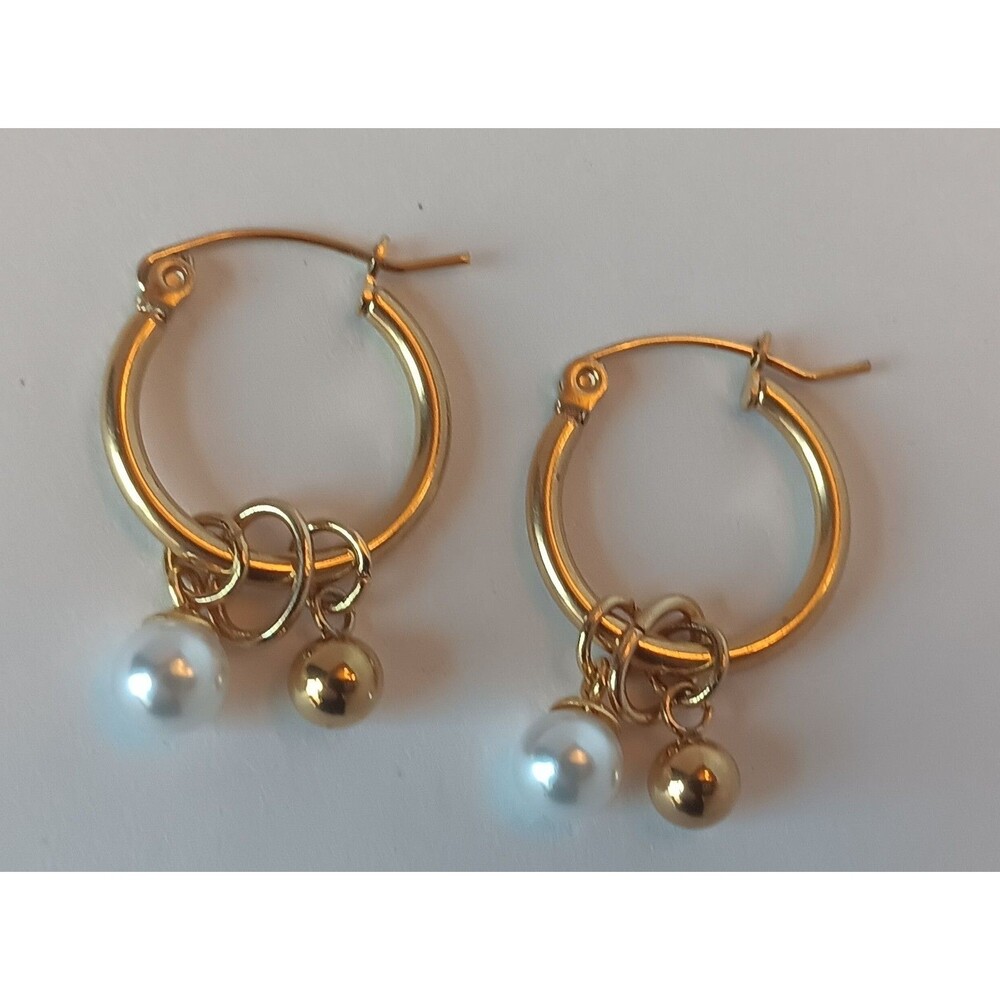 Boho Goldtone Hoop w Faux Pearl Dangles Earrings 3/4 in